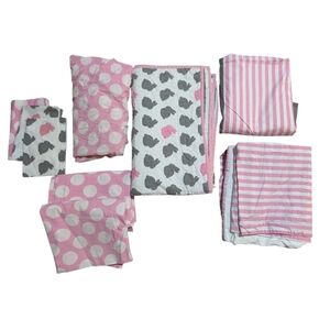 Land of Nod Nursery Set Sheets Crib Skirt Quilt Bunnies Strips Pink Grey White